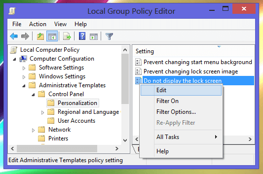 How to disable lock screen in Windows 8