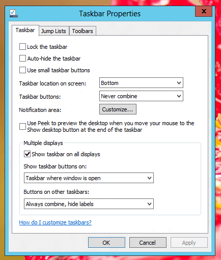 Windows 8 offers Multiple Displays Taskbar