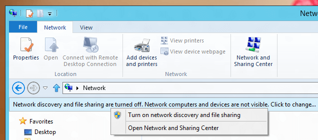 Network discovery Status on Windows 8