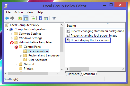 Personalization Folder in Local Group Policy Editor Window in Windows 8