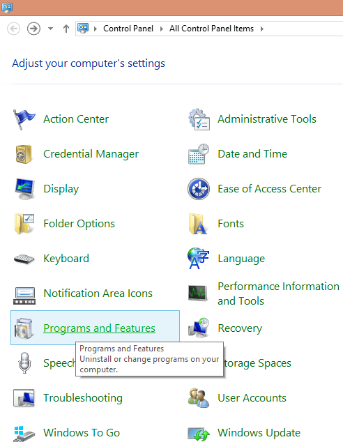 Programs and Features item in Control Panel Of Windows 8