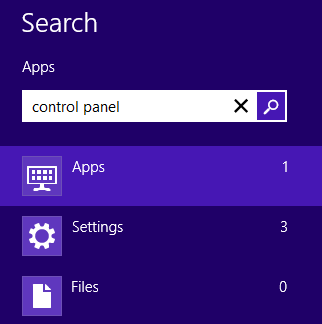 Search menu of Windows 8