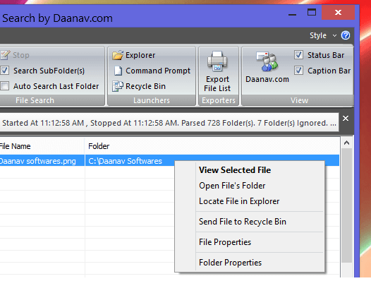 Search result and file right click of Fast file search in Windows 8