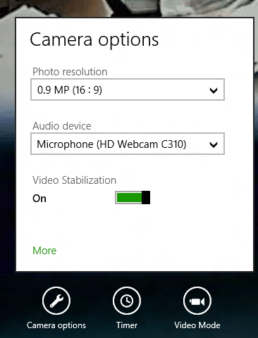 Camera Options of Video App in Windows 8