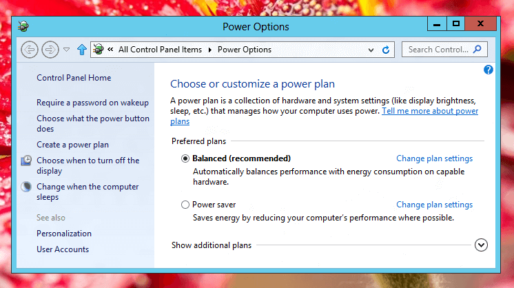 Windows 8 Power Options