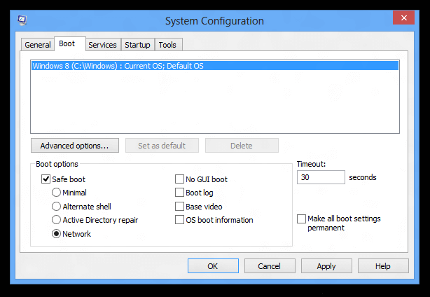 Windows 8 Safe Mode with Network Support using System Configuration