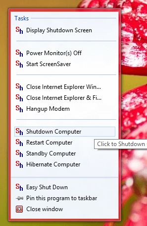 Jumplist of the Windows Shutdown Software