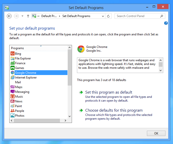 Change Default Browser on Windows 8